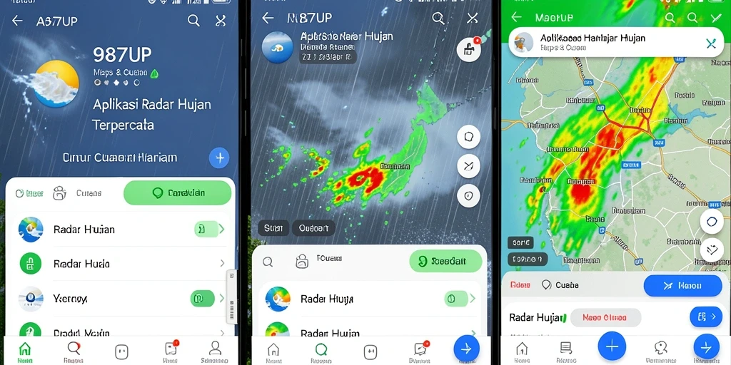 Tampilan antarmuka aplikasi 987UP dengan peta radar hujan.