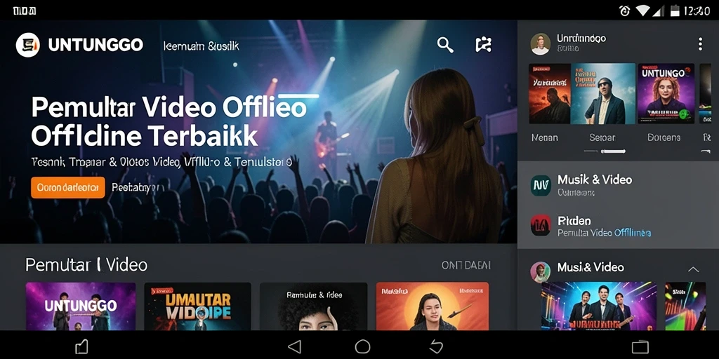 Tampilan antarmuka UNTUNGGO dengan opsi pemutaran video offline.